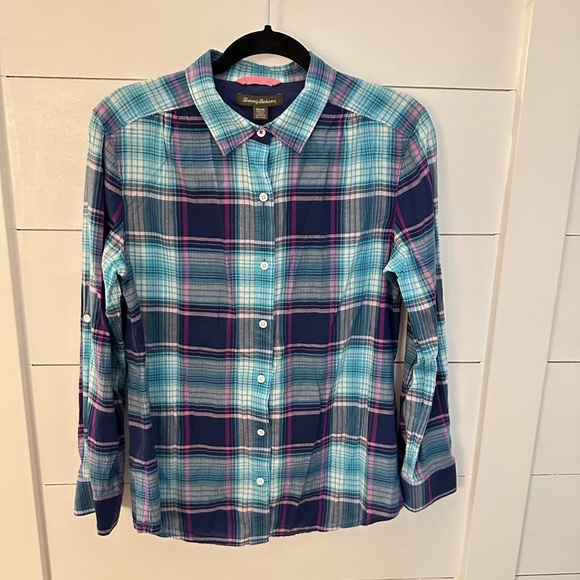 TOMMY BAHAMA M 100% Cotton blue-black plaid long sleeve woman button down - Picture 2 of 11
